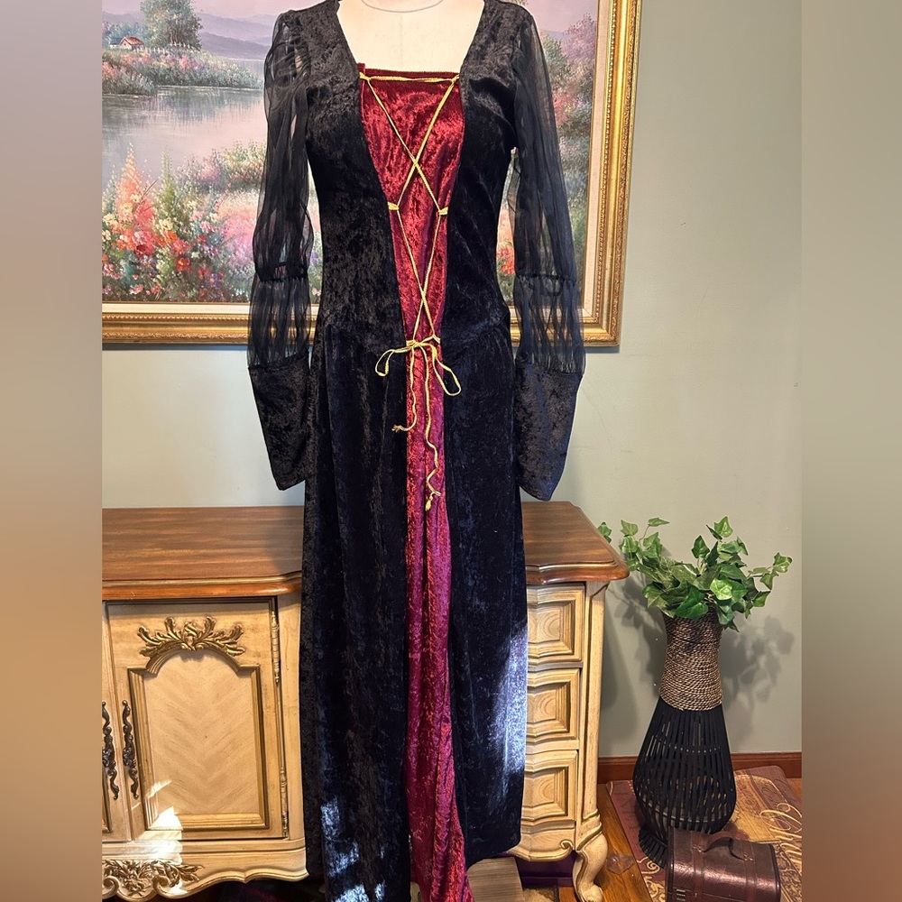 Vintage Black Maroon Velvet Lace Gold Metallic Lace Up Renaissance Goth Dress